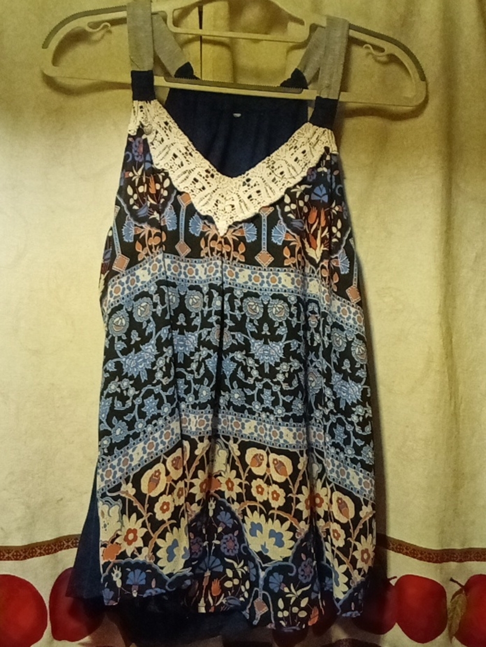 Women's Bohemian Navy Floral Crochet-Trim Sleeveless Top